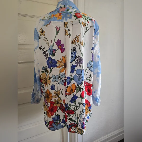 John Mark Women's Embroidered Tie Dye Button Linen Romance Top - Picture 5 of 9